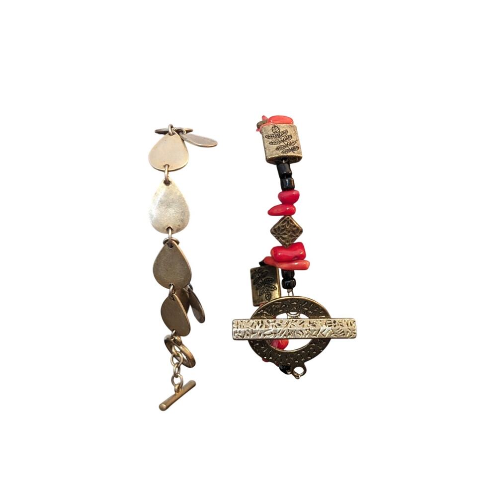 Lot of Two Bronze Tone Red Black Stone Toggle Clasp Bracelets